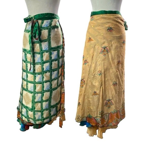 100% Silk Sari Skirt Full Wrap Reversible Boho Green Gold 34 5-26 - Picture 1 of 16